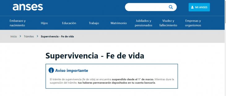 Se prorrogó la suspensión del trámite de supervivencia para el cobro de julio y agosto