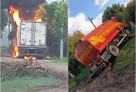 Video: una unidad de Bomberos quedó encajada al asistir al incendio de un camión en barrio Güemes