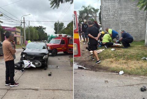 Fuerte choque entre auto y moto dej&oacute; a dos j&oacute;venes con heridas de consideraci&oacute;n