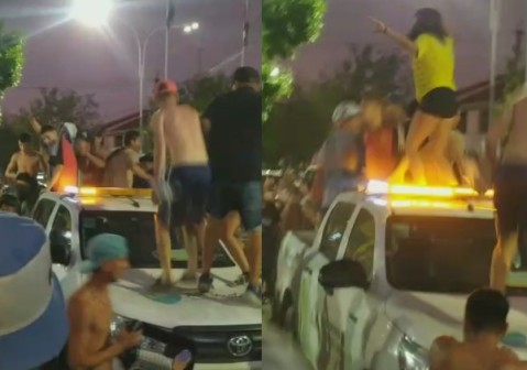 Video: rompieron una camioneta municipal en el festejo por el triunfo de la Selección