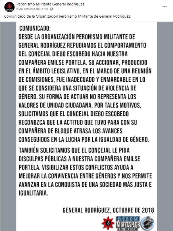 La publicación del movimiento Peronismo Militante, de la edil Emilse Portela, de aquel momento